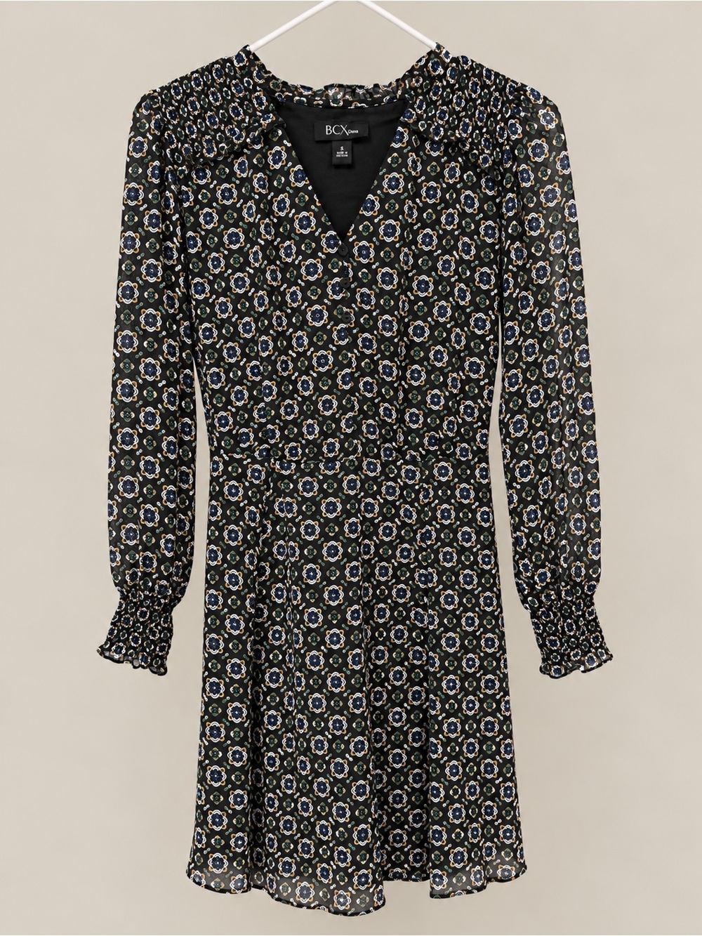 BCX Black Floral-Print Long Sleeve V-Neck Smocked-Waist Dress